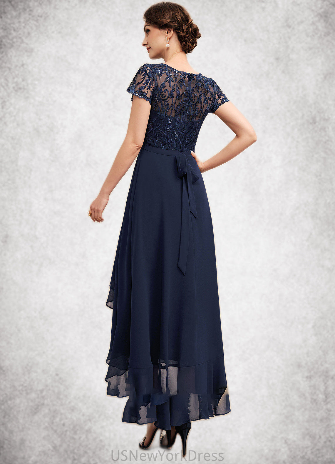 Andrea A-Line Scoop Neck Asymmetrical Chiffon Lace Mother of the Bride Dress With Sequins Bow(s) Cascading Ruffles DJ126P0014530