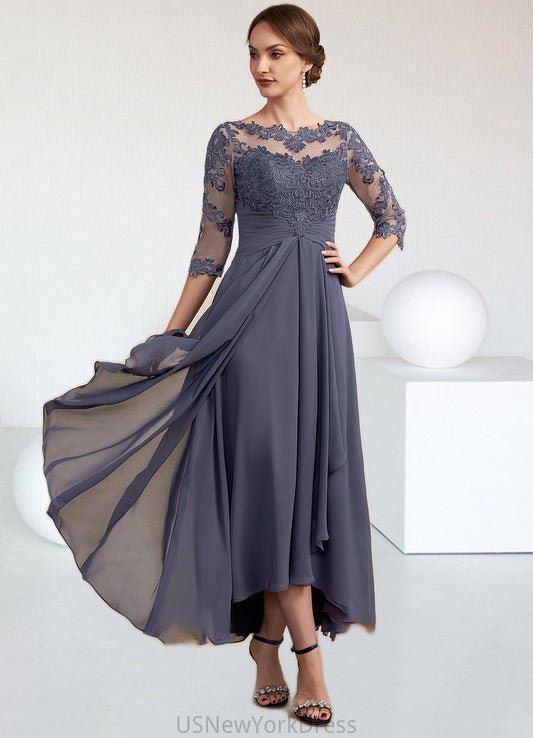 Fatima A-Line Scoop Neck Asymmetrical Chiffon Lace Mother of the Bride Dress With Ruffle DJ126P0014531