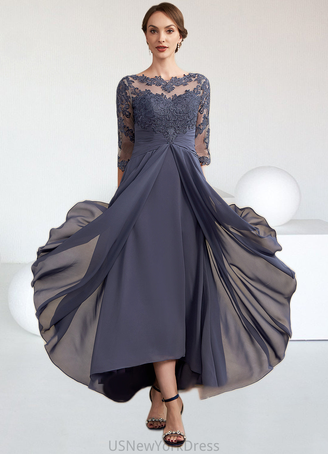 Fatima A-Line Scoop Neck Asymmetrical Chiffon Lace Mother of the Bride Dress With Ruffle DJ126P0014531