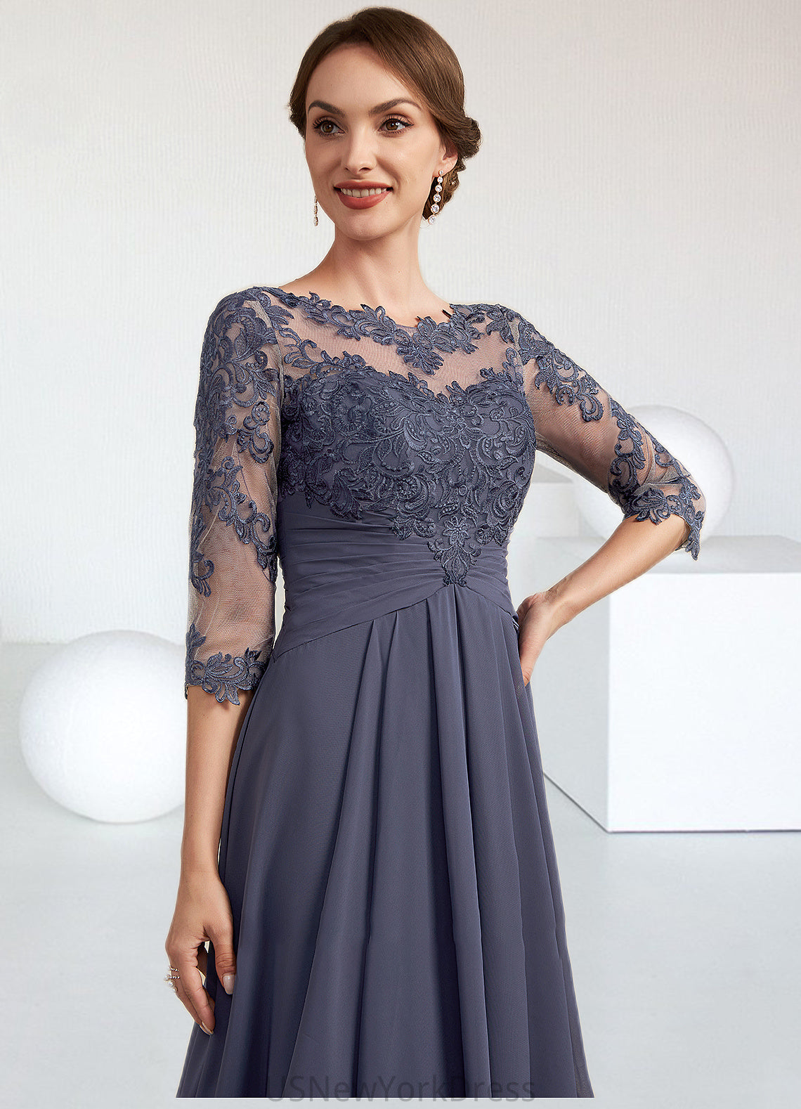 Fatima A-Line Scoop Neck Asymmetrical Chiffon Lace Mother of the Bride Dress With Ruffle DJ126P0014531