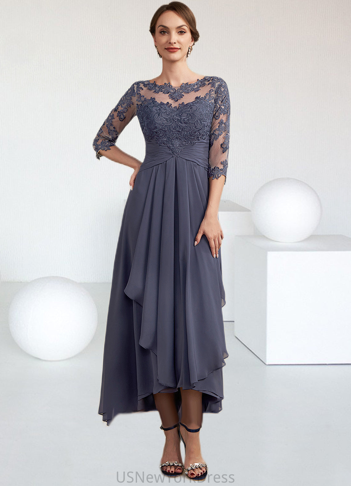 Fatima A-Line Scoop Neck Asymmetrical Chiffon Lace Mother of the Bride Dress With Ruffle DJ126P0014531