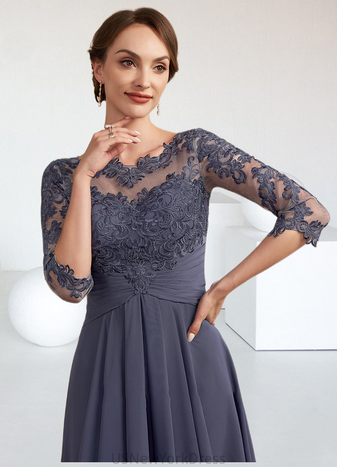 Fatima A-Line Scoop Neck Asymmetrical Chiffon Lace Mother of the Bride Dress With Ruffle DJ126P0014531