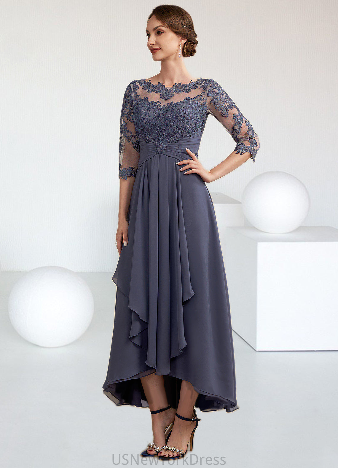 Fatima A-Line Scoop Neck Asymmetrical Chiffon Lace Mother of the Bride Dress With Ruffle DJ126P0014531