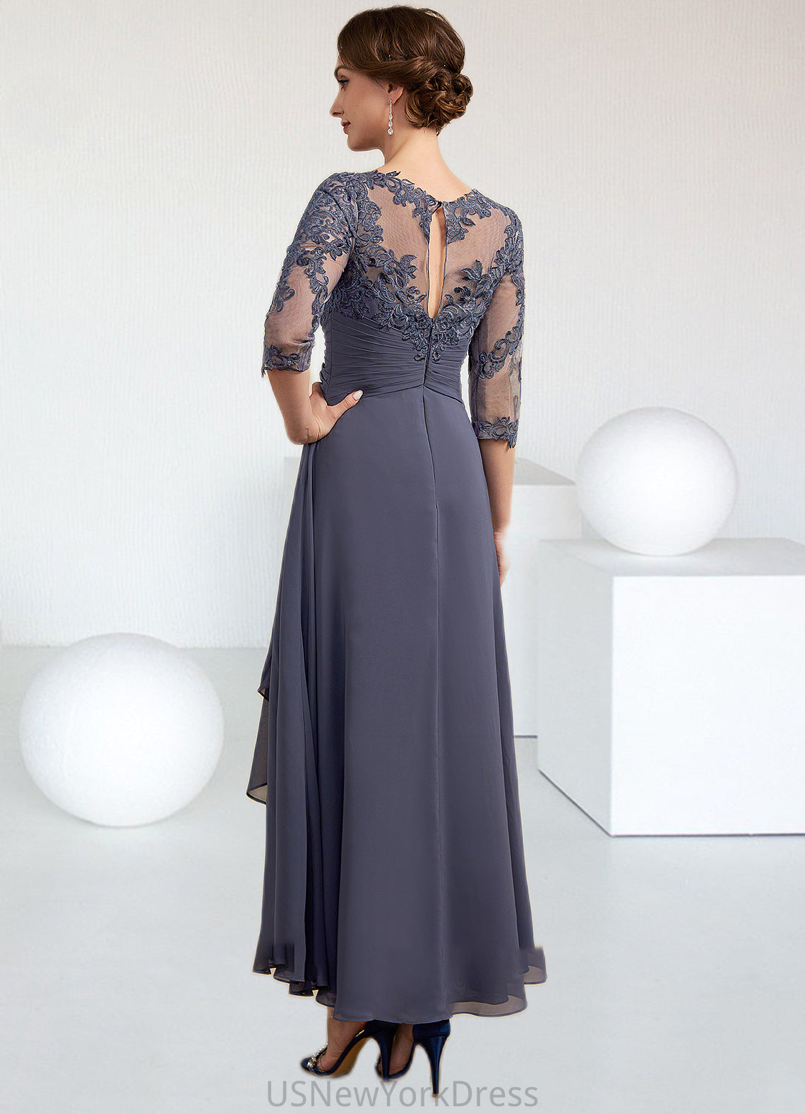 Fatima A-Line Scoop Neck Asymmetrical Chiffon Lace Mother of the Bride Dress With Ruffle DJ126P0014531