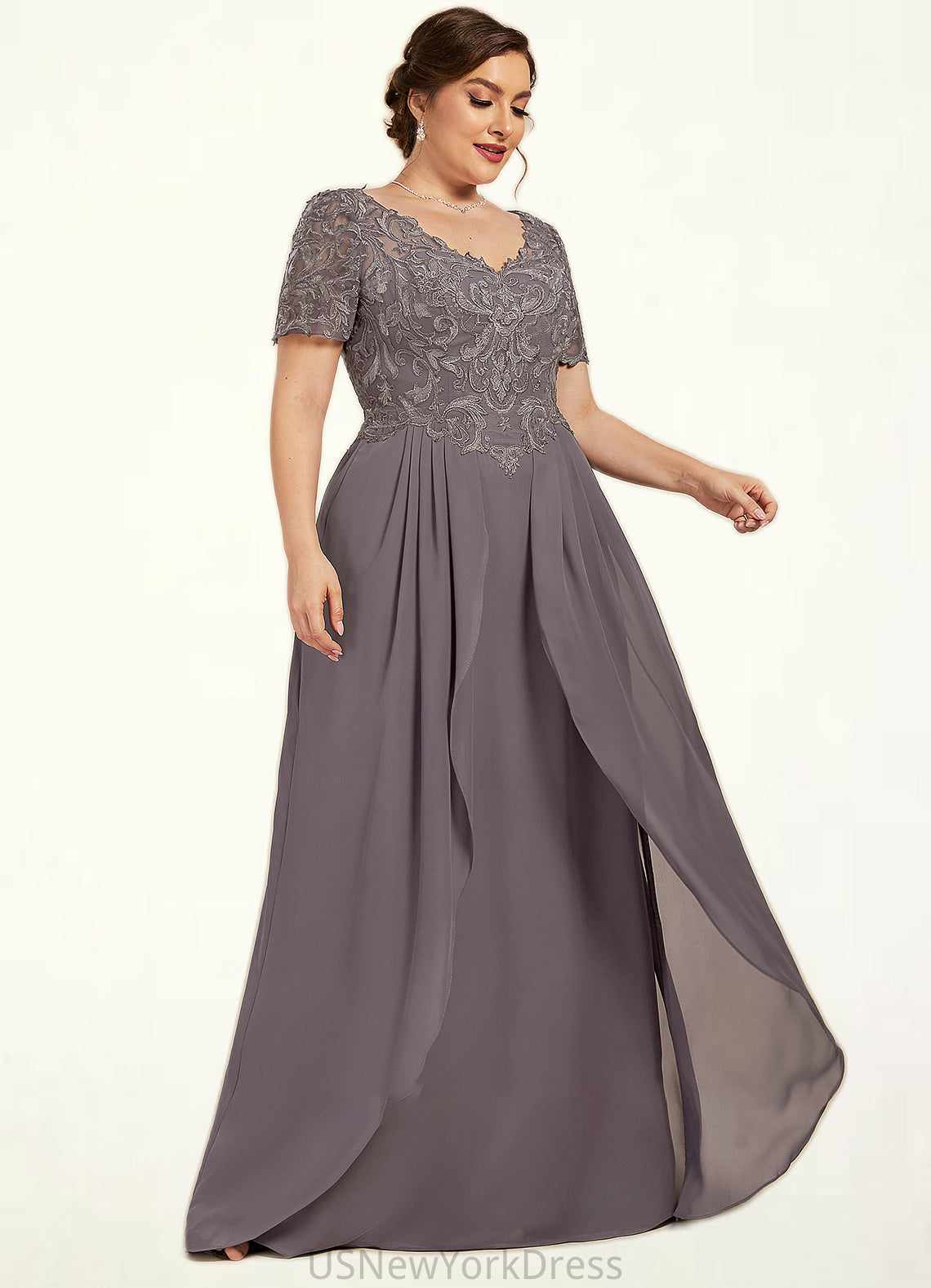 Savannah A-line V-Neck Floor-Length Chiffon Lace Mother of the Bride Dress DJ126P0014532