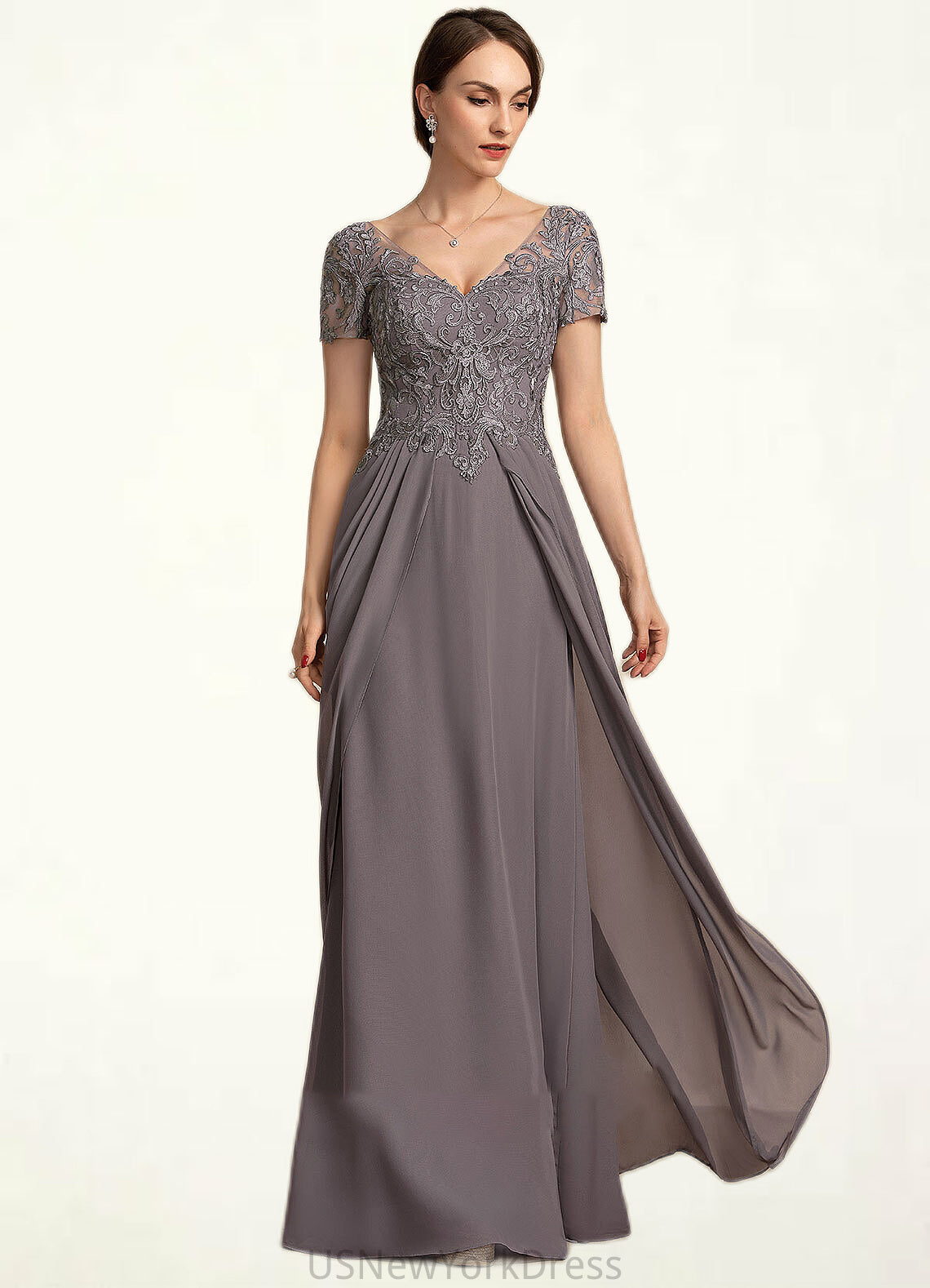 Savannah A-line V-Neck Floor-Length Chiffon Lace Mother of the Bride Dress DJ126P0014532