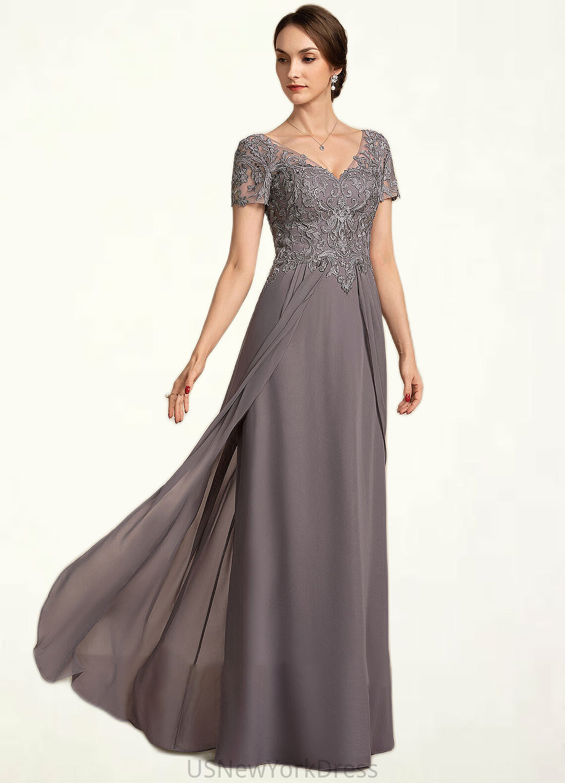 Savannah A-line V-Neck Floor-Length Chiffon Lace Mother of the Bride Dress DJ126P0014532