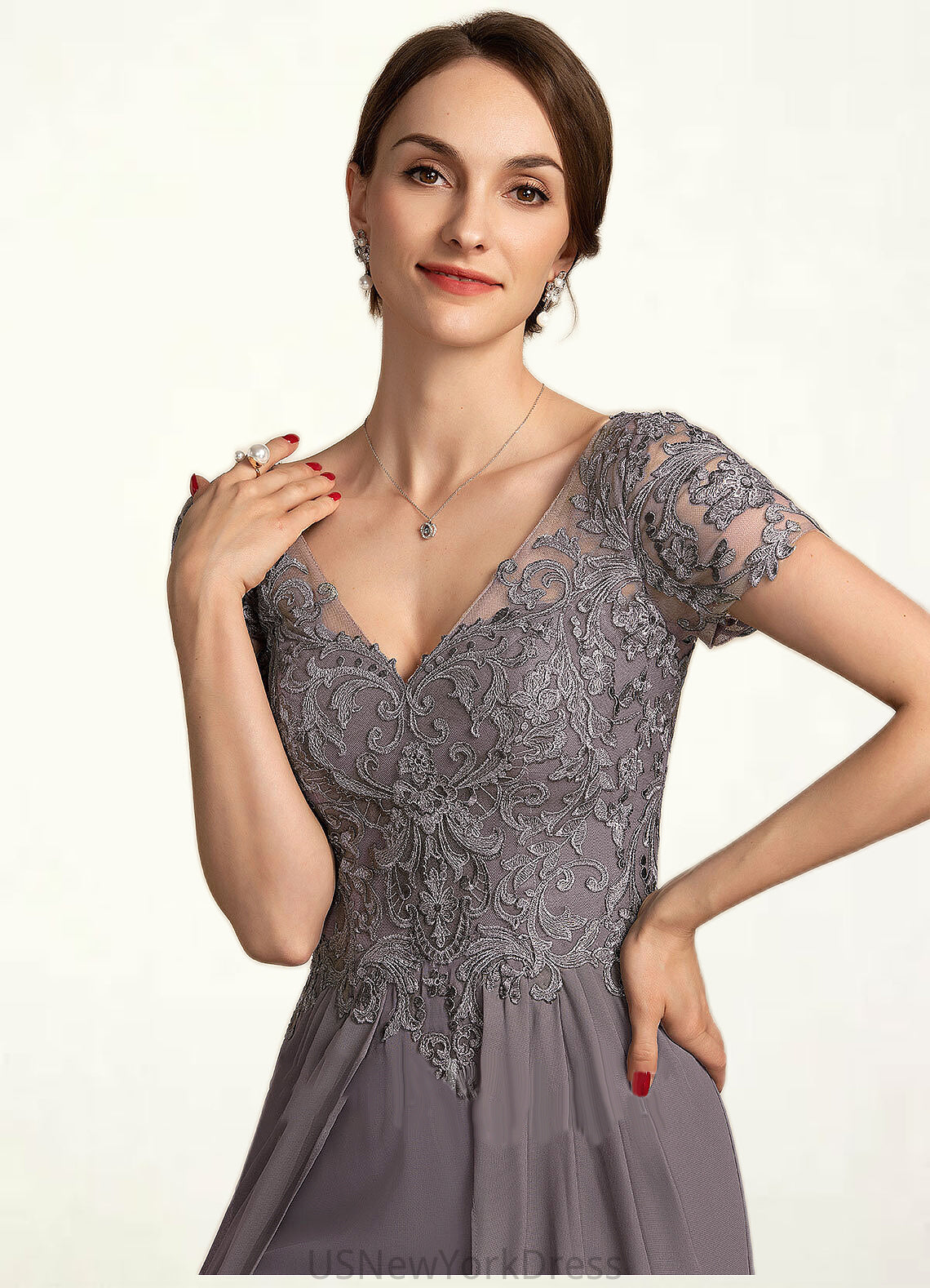 Savannah A-line V-Neck Floor-Length Chiffon Lace Mother of the Bride Dress DJ126P0014532