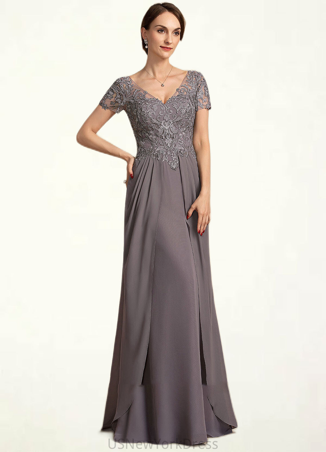 Savannah A-line V-Neck Floor-Length Chiffon Lace Mother of the Bride Dress DJ126P0014532