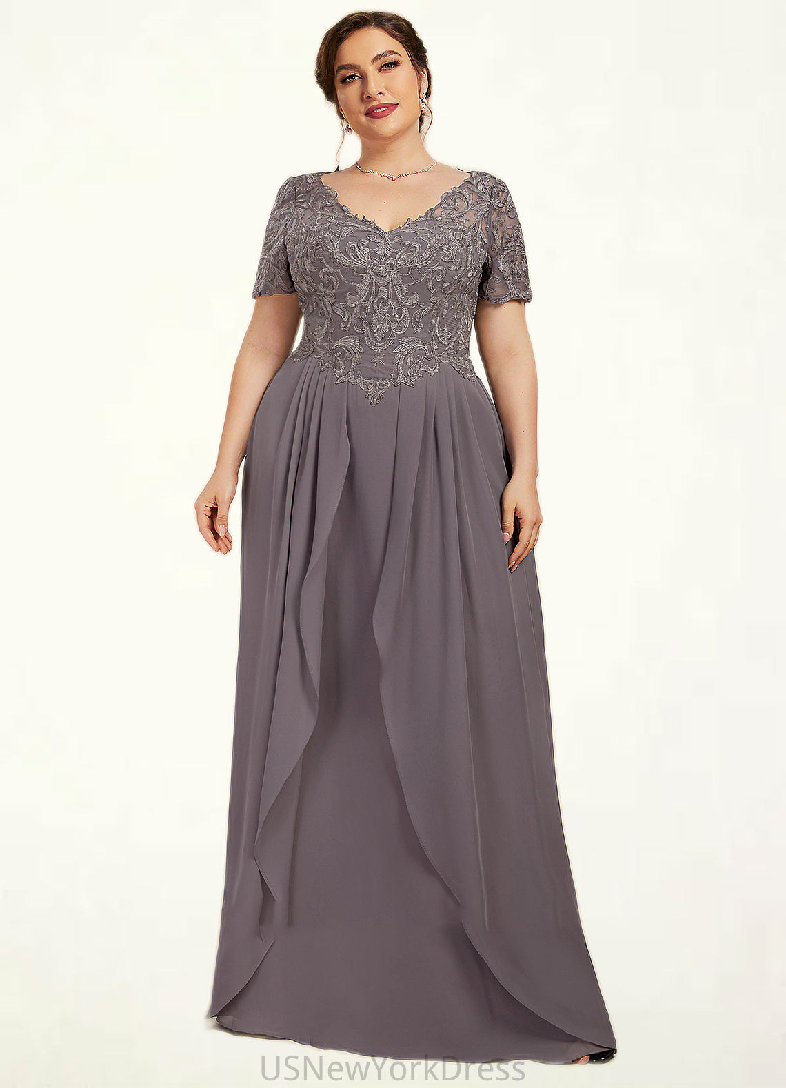 Savannah A-line V-Neck Floor-Length Chiffon Lace Mother of the Bride Dress DJ126P0014532