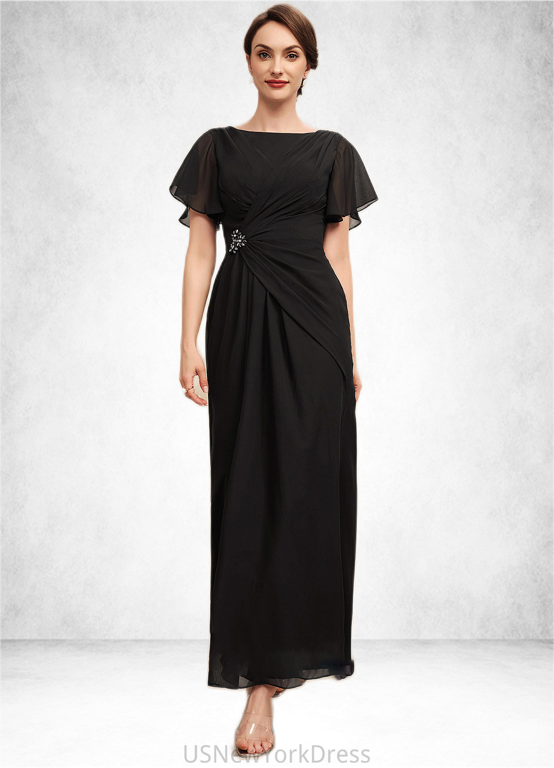 Stephanie A-Line Scoop Neck Ankle-Length Chiffon Mother of the Bride Dress With Ruffle Beading DJ126P0014533