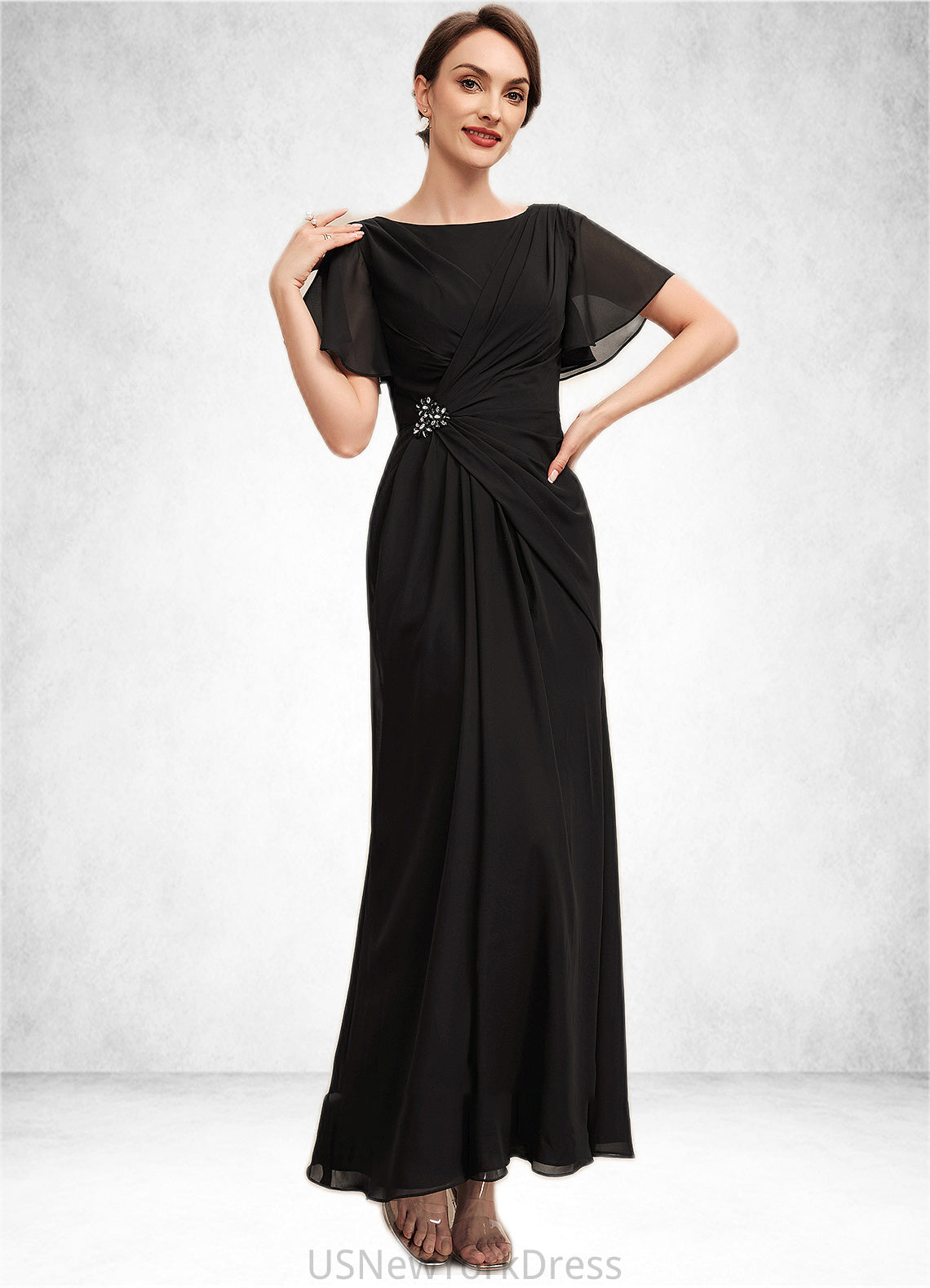 Stephanie A-Line Scoop Neck Ankle-Length Chiffon Mother of the Bride Dress With Ruffle Beading DJ126P0014533