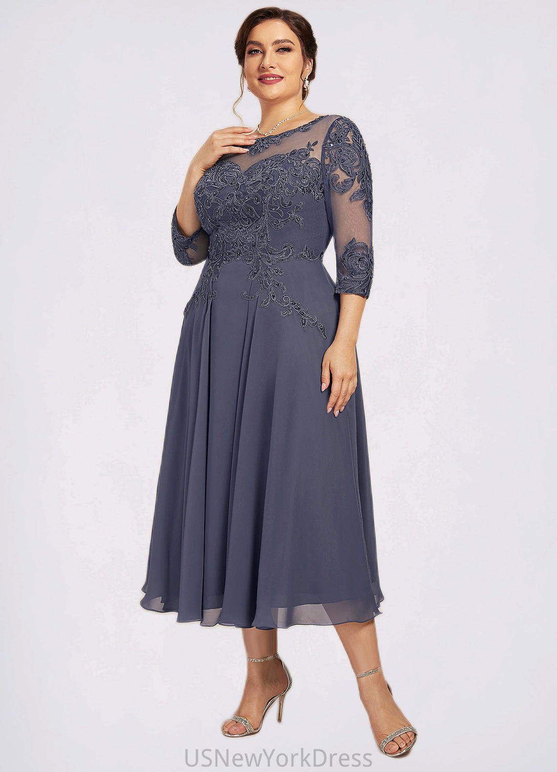 Shaylee A-Line Scoop Neck Tea-Length Chiffon Lace Mother of the Bride Dress With Beading Sequins DJ126P0014535