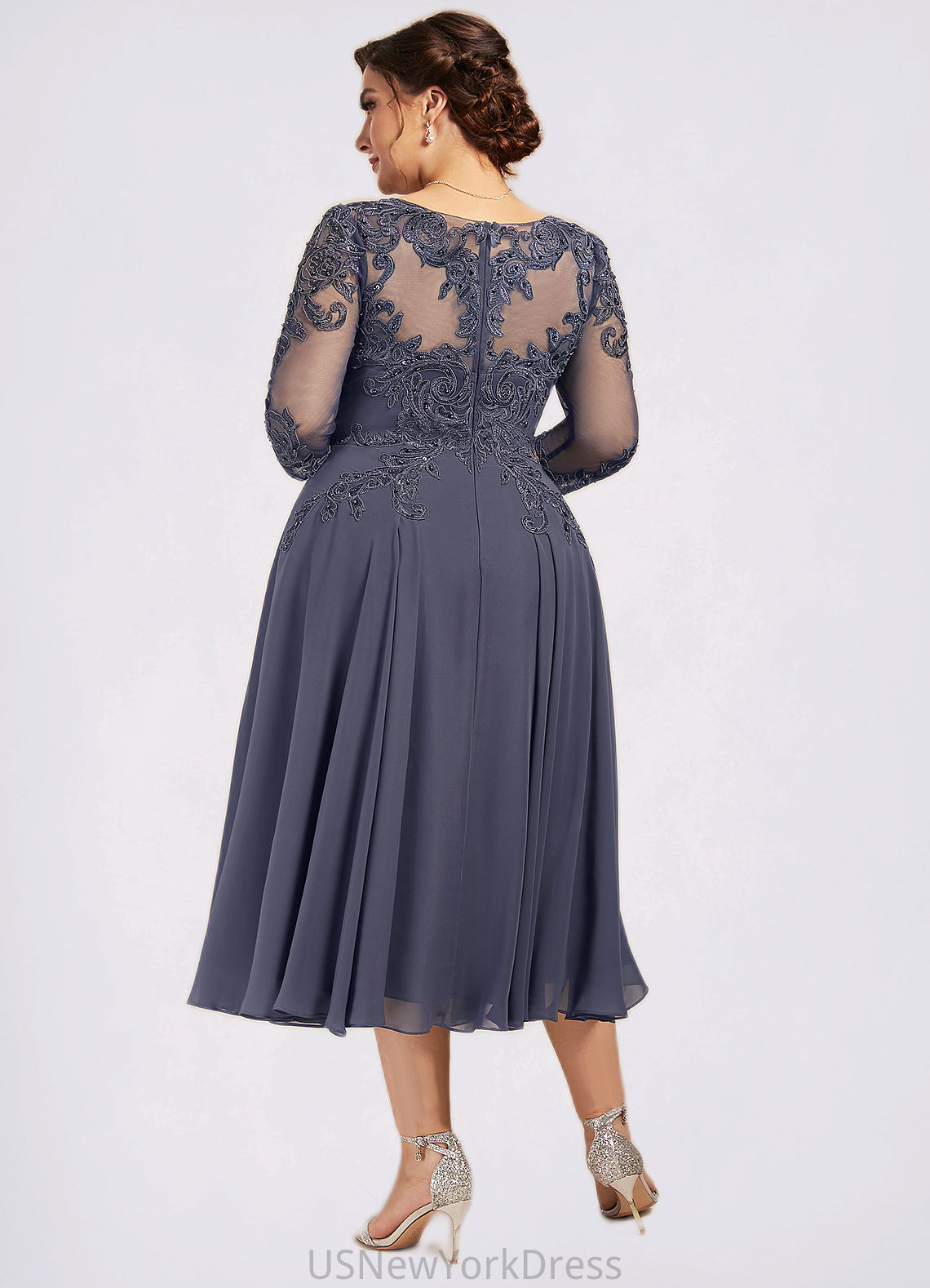 Shaylee A-Line Scoop Neck Tea-Length Chiffon Lace Mother of the Bride Dress With Beading Sequins DJ126P0014535