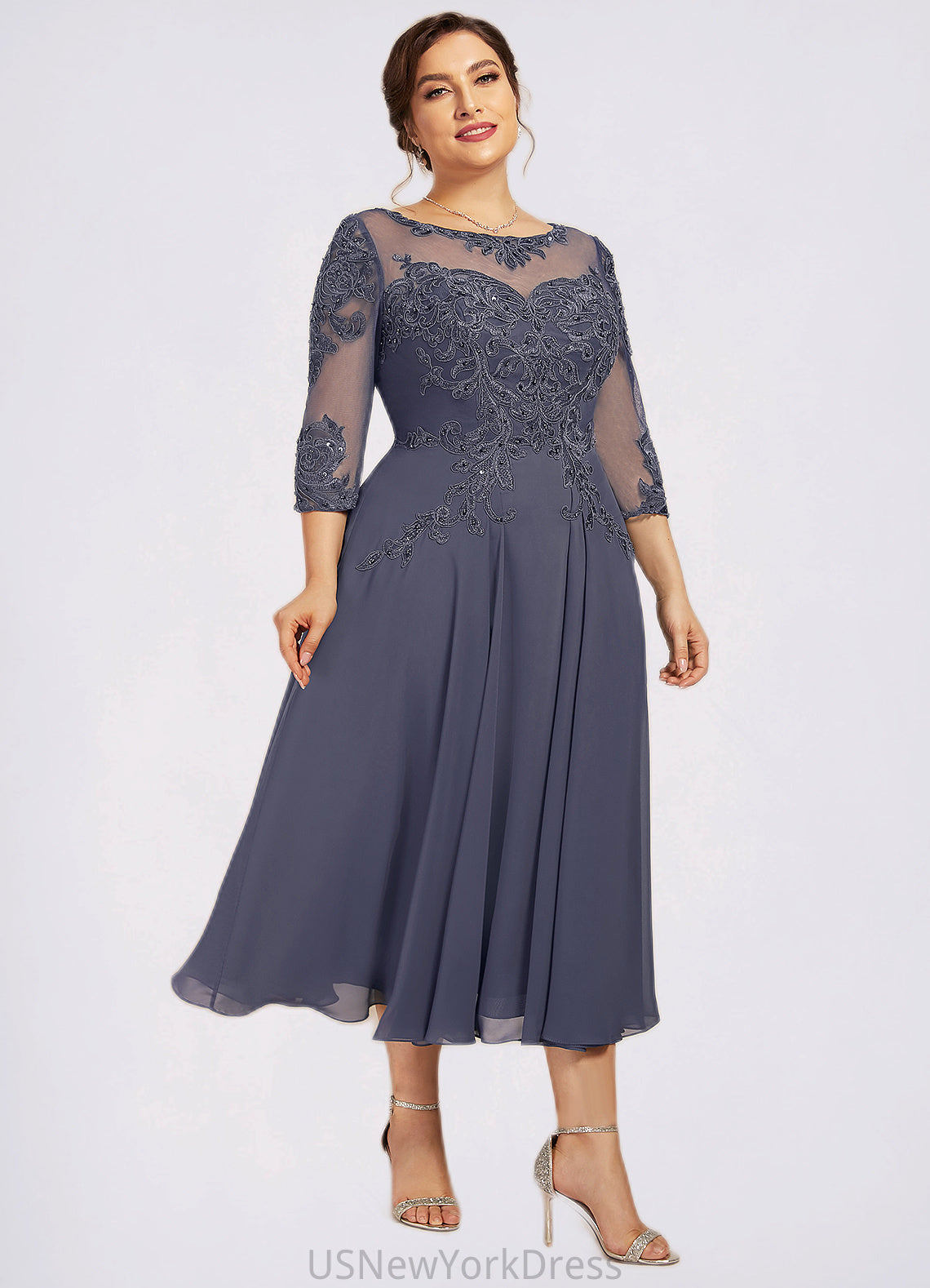 Shaylee A-Line Scoop Neck Tea-Length Chiffon Lace Mother of the Bride Dress With Beading Sequins DJ126P0014535