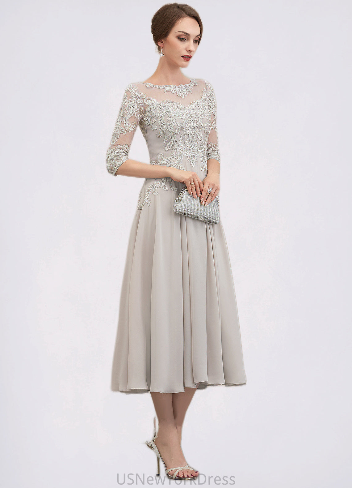 Shaylee A-Line Scoop Neck Tea-Length Chiffon Lace Mother of the Bride Dress With Beading Sequins DJ126P0014535