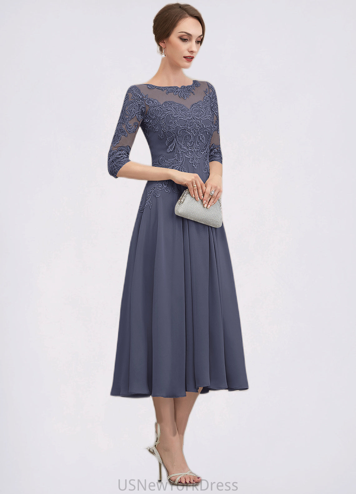 Shaylee A-Line Scoop Neck Tea-Length Chiffon Lace Mother of the Bride Dress With Beading Sequins DJ126P0014535