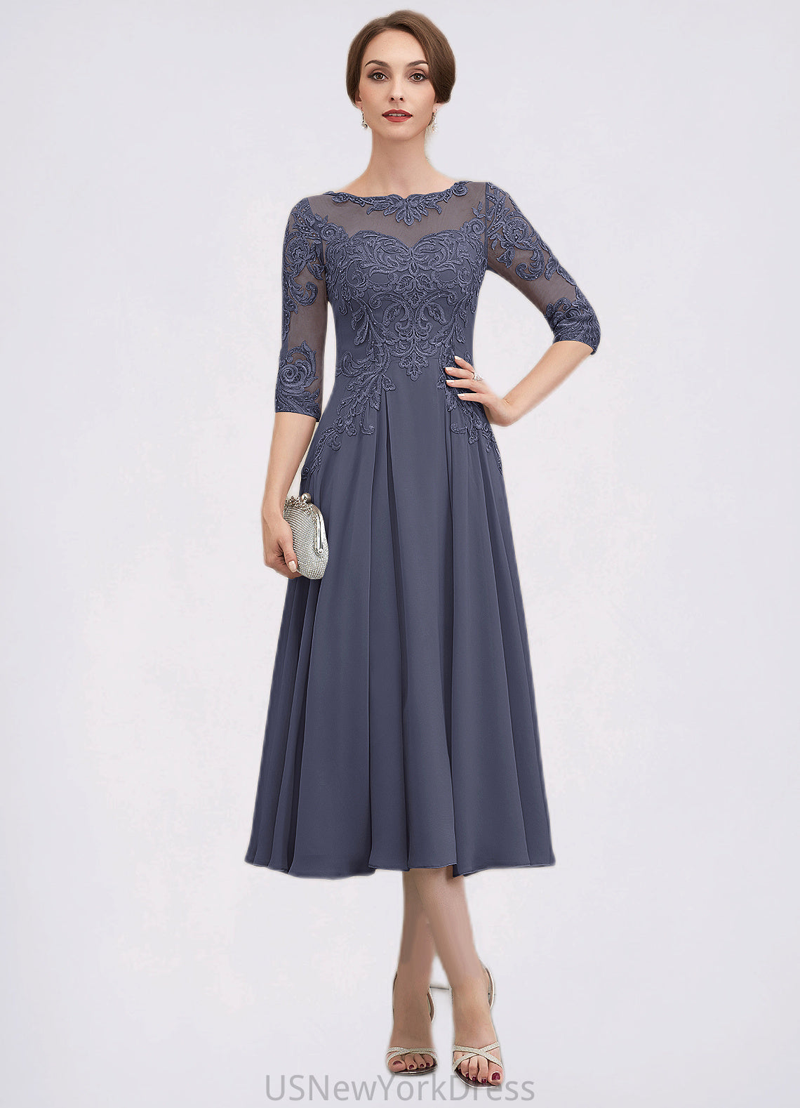 Shaylee A-Line Scoop Neck Tea-Length Chiffon Lace Mother of the Bride Dress With Beading Sequins DJ126P0014535