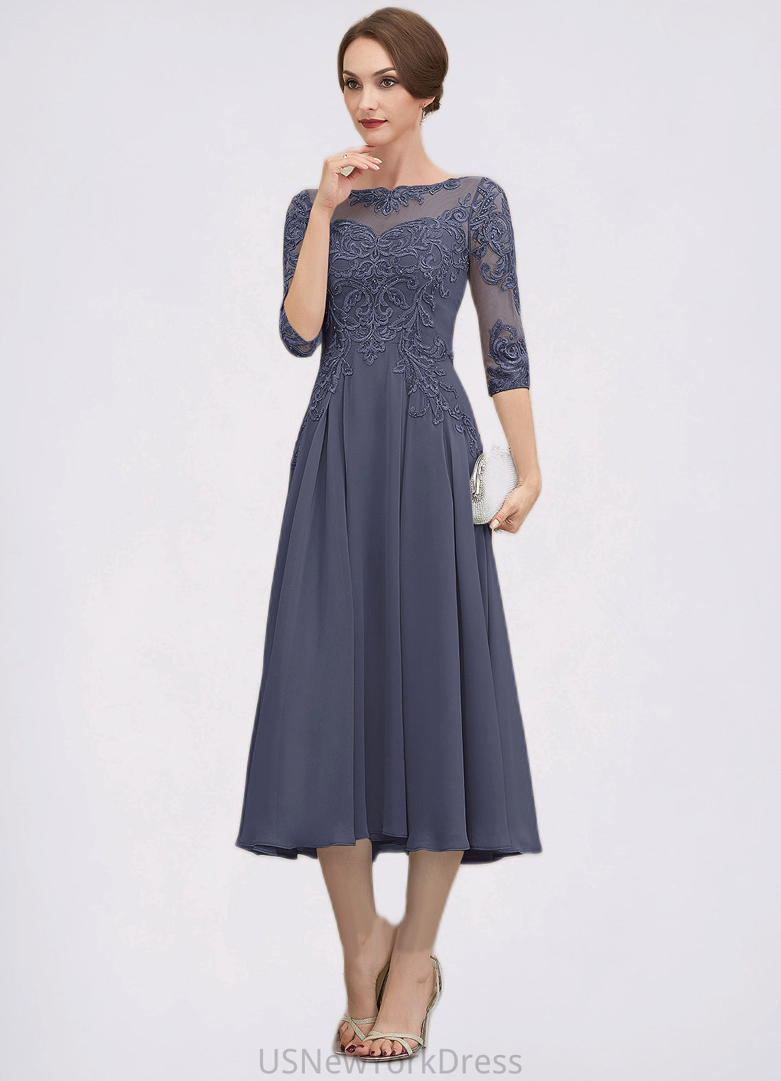 Shaylee A-Line Scoop Neck Tea-Length Chiffon Lace Mother of the Bride Dress With Beading Sequins DJ126P0014535