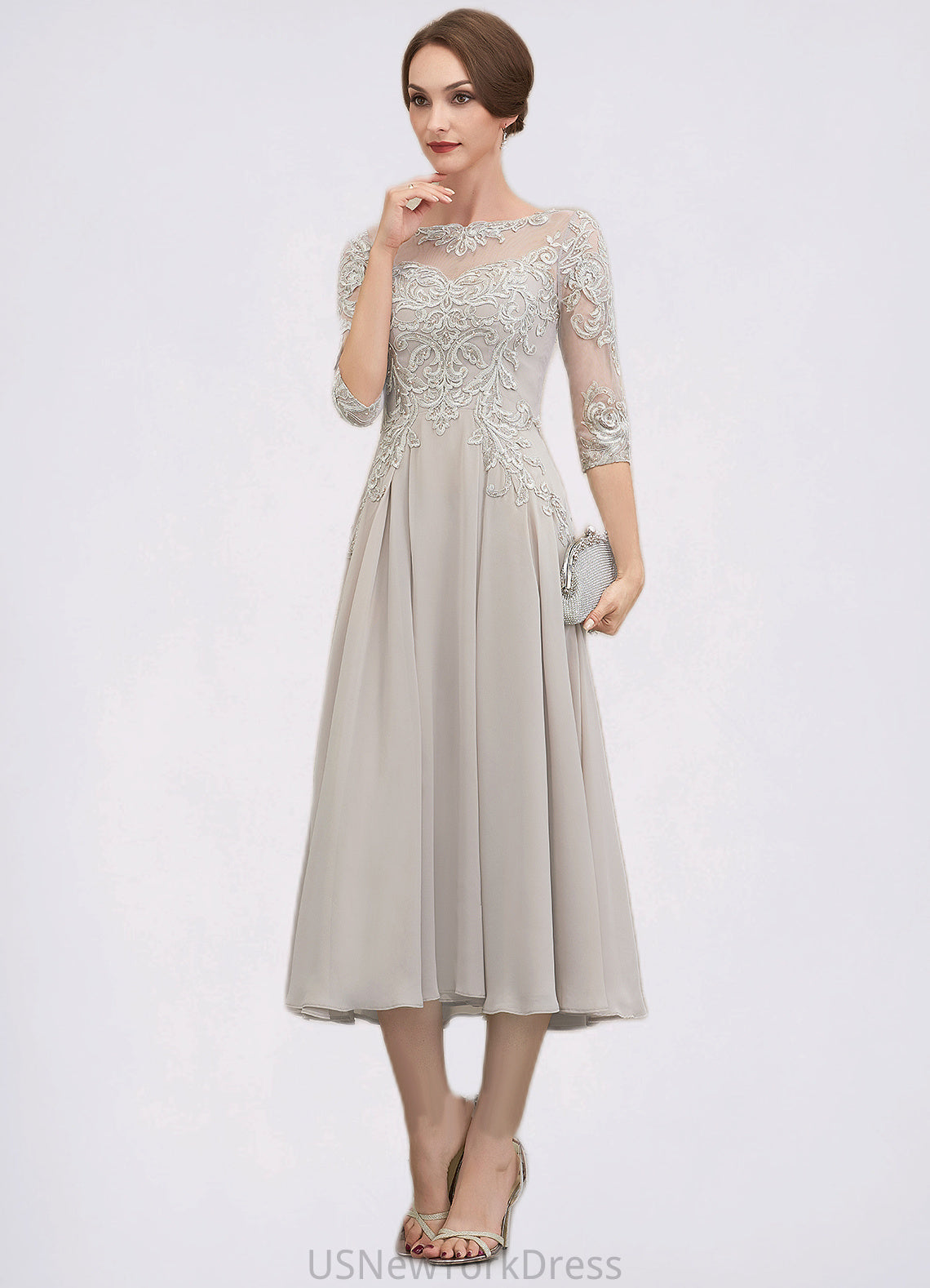 Shaylee A-Line Scoop Neck Tea-Length Chiffon Lace Mother of the Bride Dress With Beading Sequins DJ126P0014535