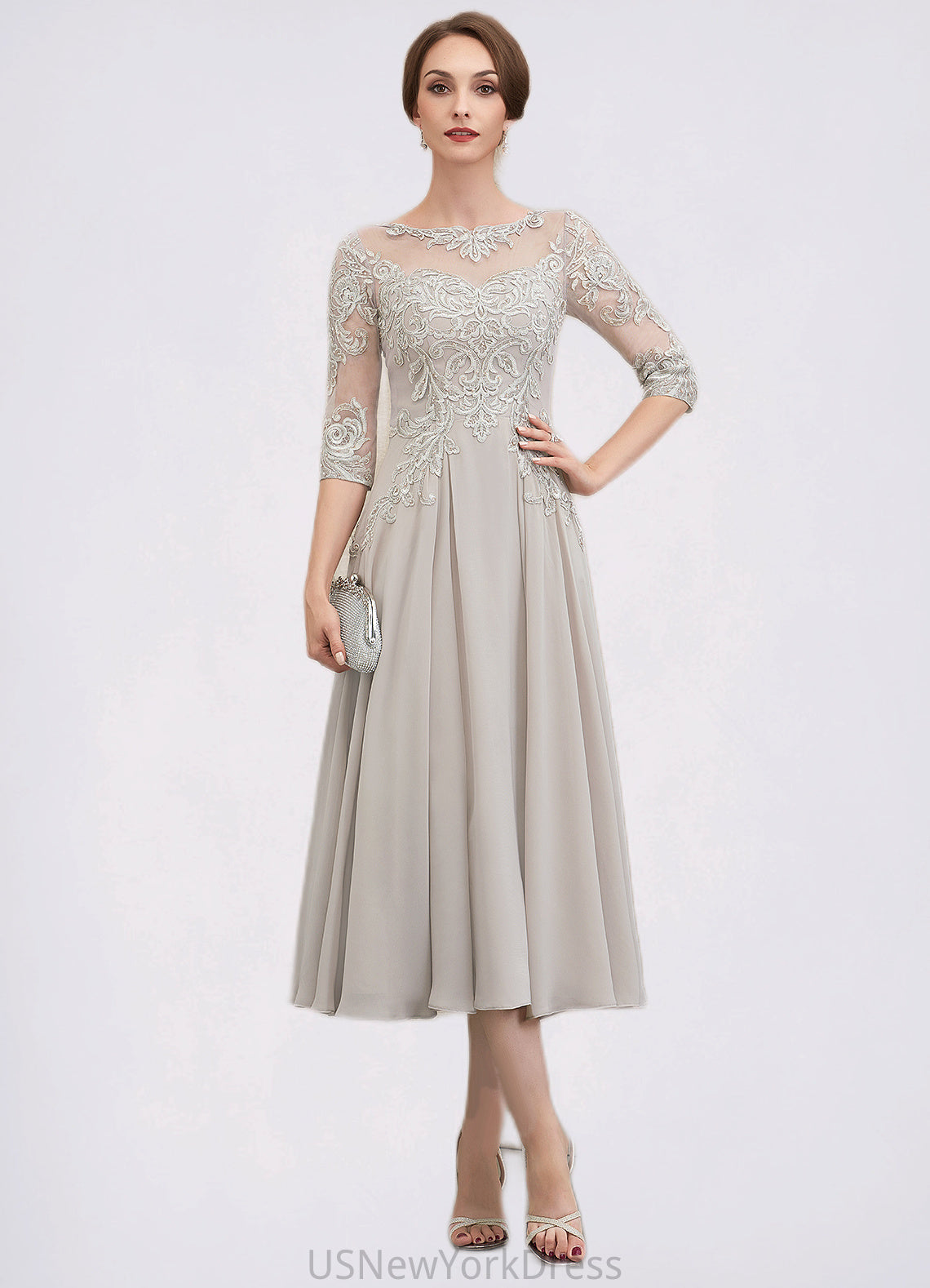 Shaylee A-Line Scoop Neck Tea-Length Chiffon Lace Mother of the Bride Dress With Beading Sequins DJ126P0014535