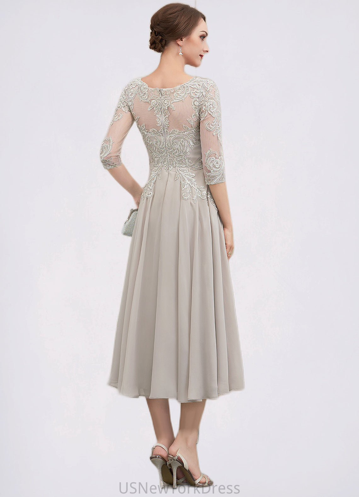 Shaylee A-Line Scoop Neck Tea-Length Chiffon Lace Mother of the Bride Dress With Beading Sequins DJ126P0014535