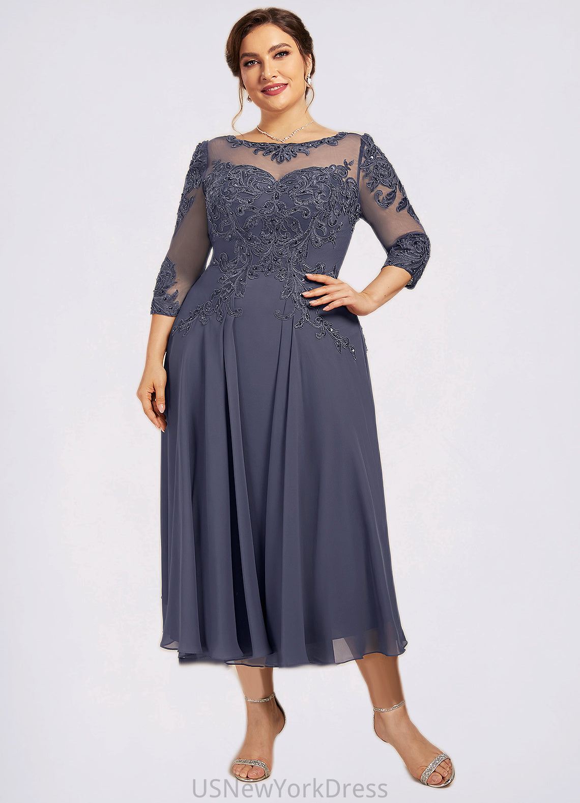 Shaylee A-Line Scoop Neck Tea-Length Chiffon Lace Mother of the Bride Dress With Beading Sequins DJ126P0014535