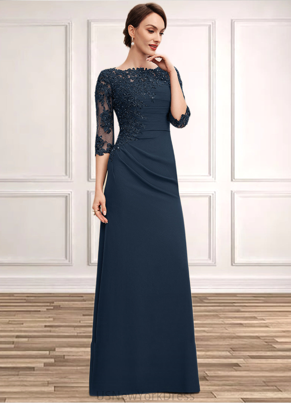 Hadley A-Line Scoop Neck Floor-Length Chiffon Lace Mother of the Bride Dress With Ruffle Beading Sequins DJ126P0014536