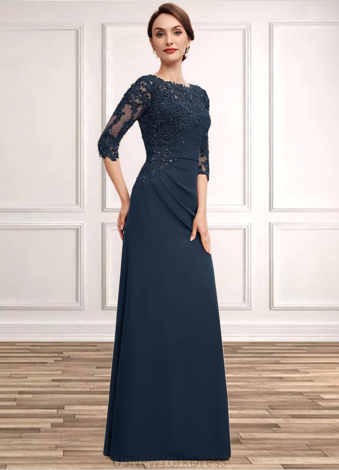 Hadley A-Line Scoop Neck Floor-Length Chiffon Lace Mother of the Bride Dress With Ruffle Beading Sequins DJ126P0014536