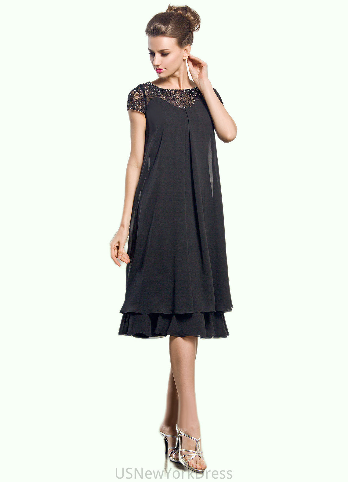 Felicity Empire Scoop Neck Knee-Length Chiffon Mother of the Bride Dress With Beading Sequins DJ126P0014537