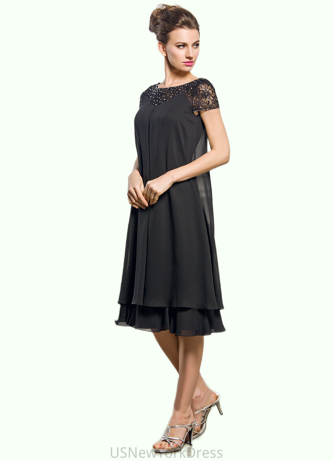 Felicity Empire Scoop Neck Knee-Length Chiffon Mother of the Bride Dress With Beading Sequins DJ126P0014537