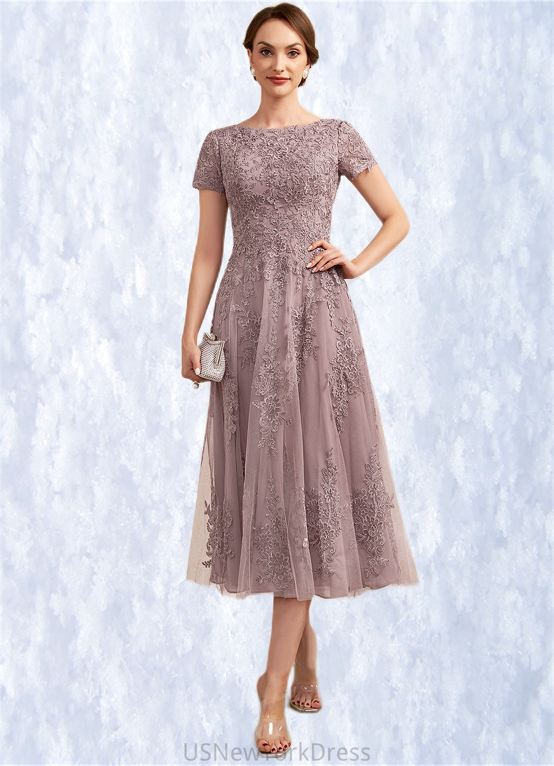 Marisa A-Line Scoop Neck Tea-Length Tulle Lace Mother of the Bride Dress DJ126P0014538