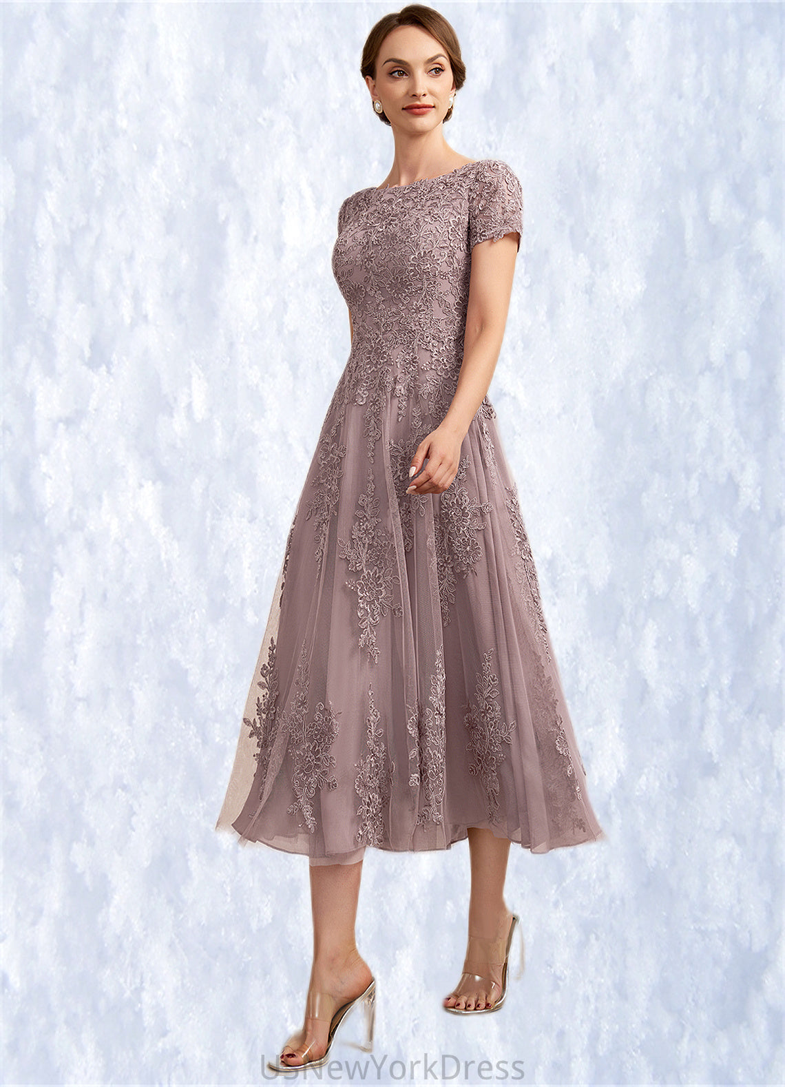 Marisa A-Line Scoop Neck Tea-Length Tulle Lace Mother of the Bride Dress DJ126P0014538