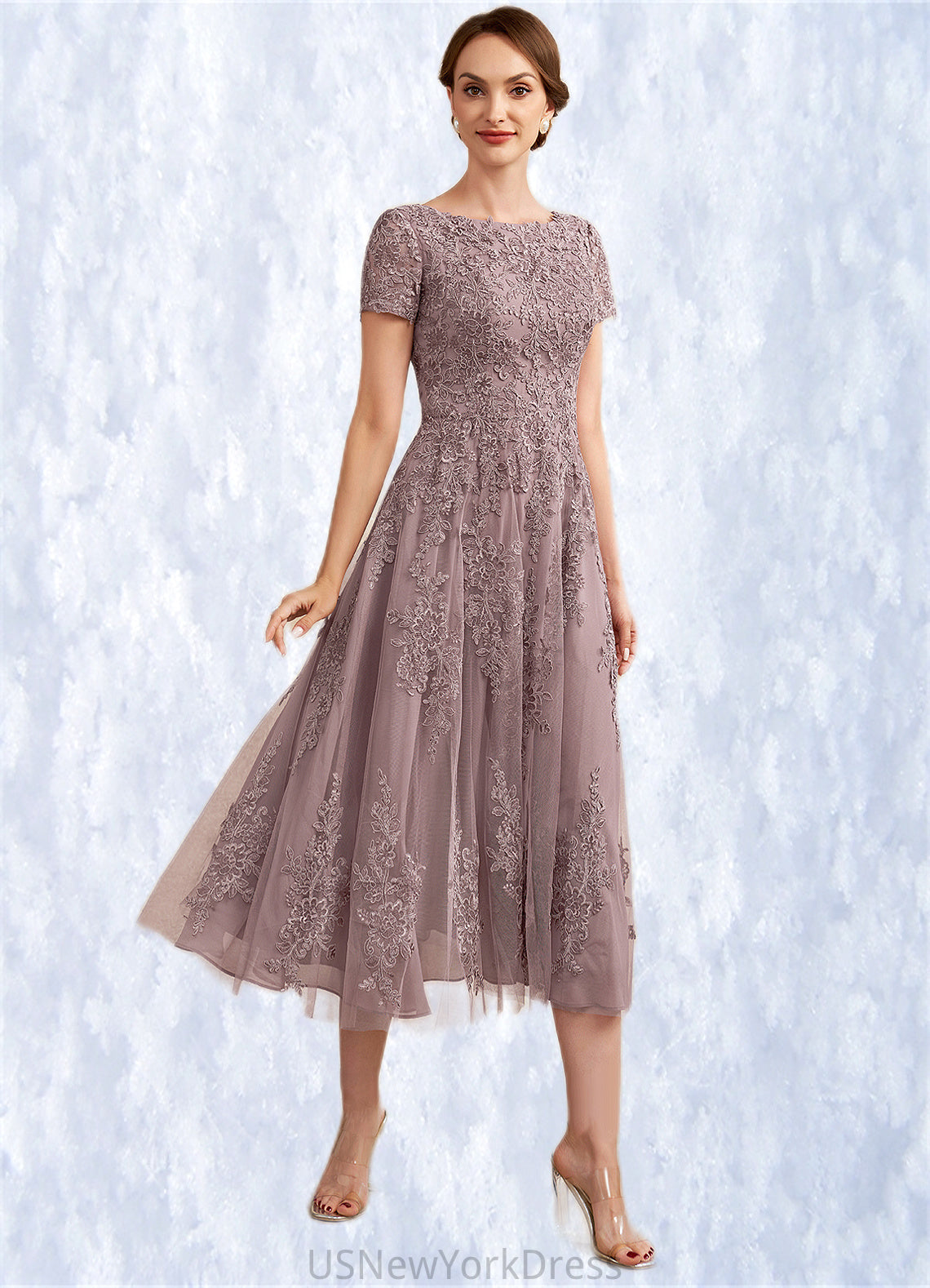 Marisa A-Line Scoop Neck Tea-Length Tulle Lace Mother of the Bride Dress DJ126P0014538