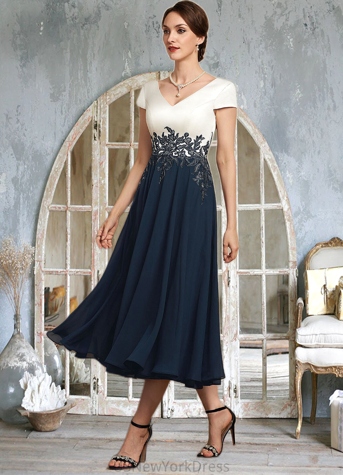 Natalia A-Line V-neck Tea-Length Chiffon Lace Mother of the Bride Dress DJ126P0014539