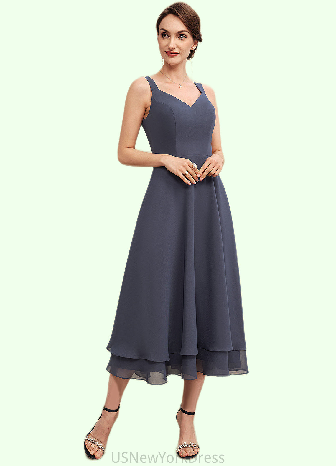 Natalya A-line V-Neck Tea-Length Chiffon Mother of the Bride Dress DJ126P0014540