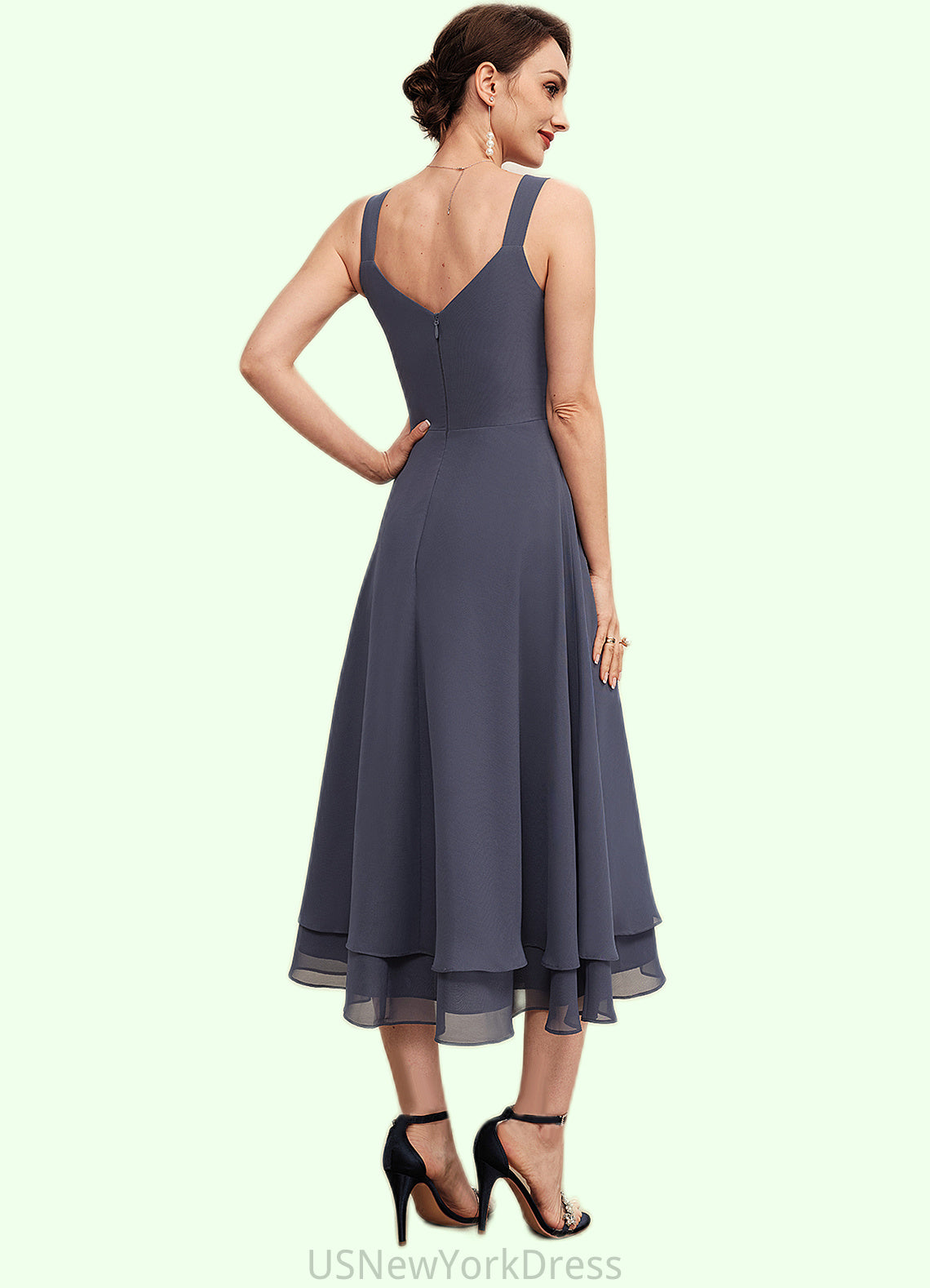 Natalya A-line V-Neck Tea-Length Chiffon Mother of the Bride Dress DJ126P0014540