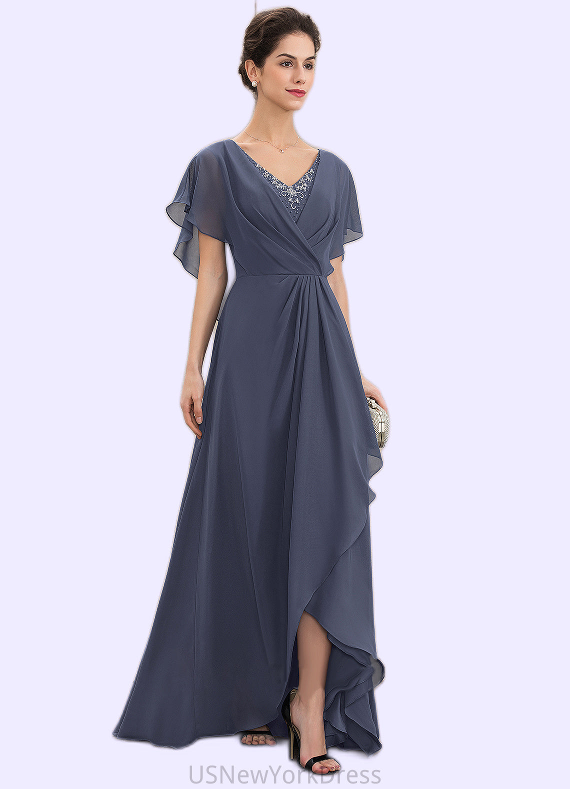 Sheila A-Line V-neck Asymmetrical Chiffon Mother of the Bride Dress With Beading Sequins DJ126P0014541