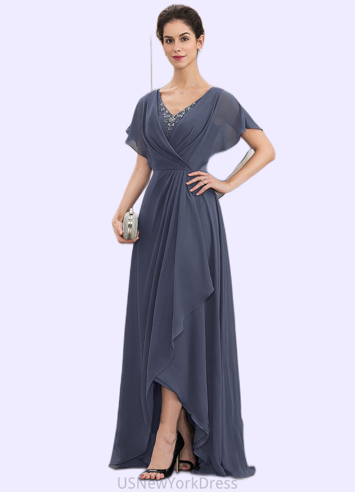 Sheila A-Line V-neck Asymmetrical Chiffon Mother of the Bride Dress With Beading Sequins DJ126P0014541