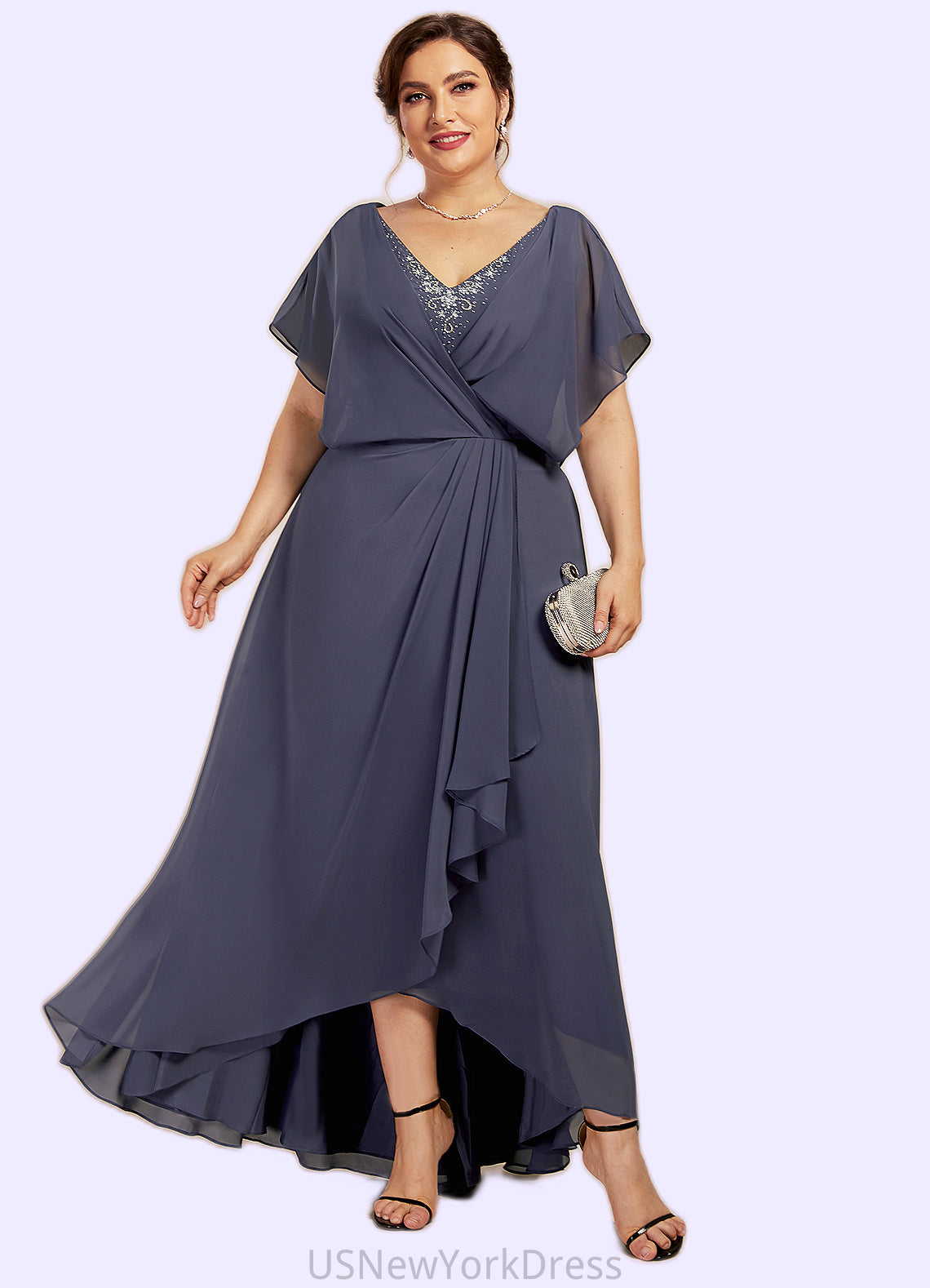 Sheila A-Line V-neck Asymmetrical Chiffon Mother of the Bride Dress With Beading Sequins DJ126P0014541