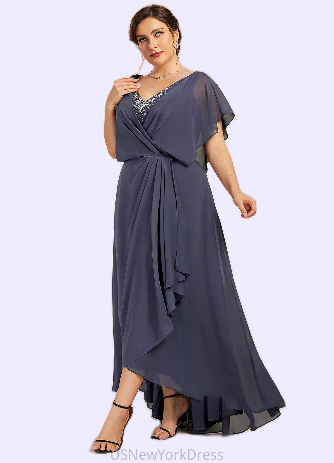 Sheila A-Line V-neck Asymmetrical Chiffon Mother of the Bride Dress With Beading Sequins DJ126P0014541