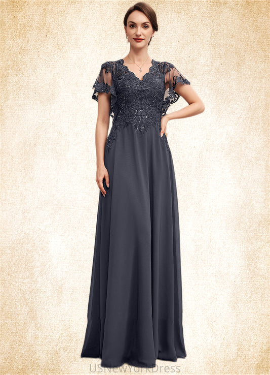 Philippa A-line V-Neck Floor-Length Chiffon Lace Mother of the Bride Dress With Sequins DJ126P0014542