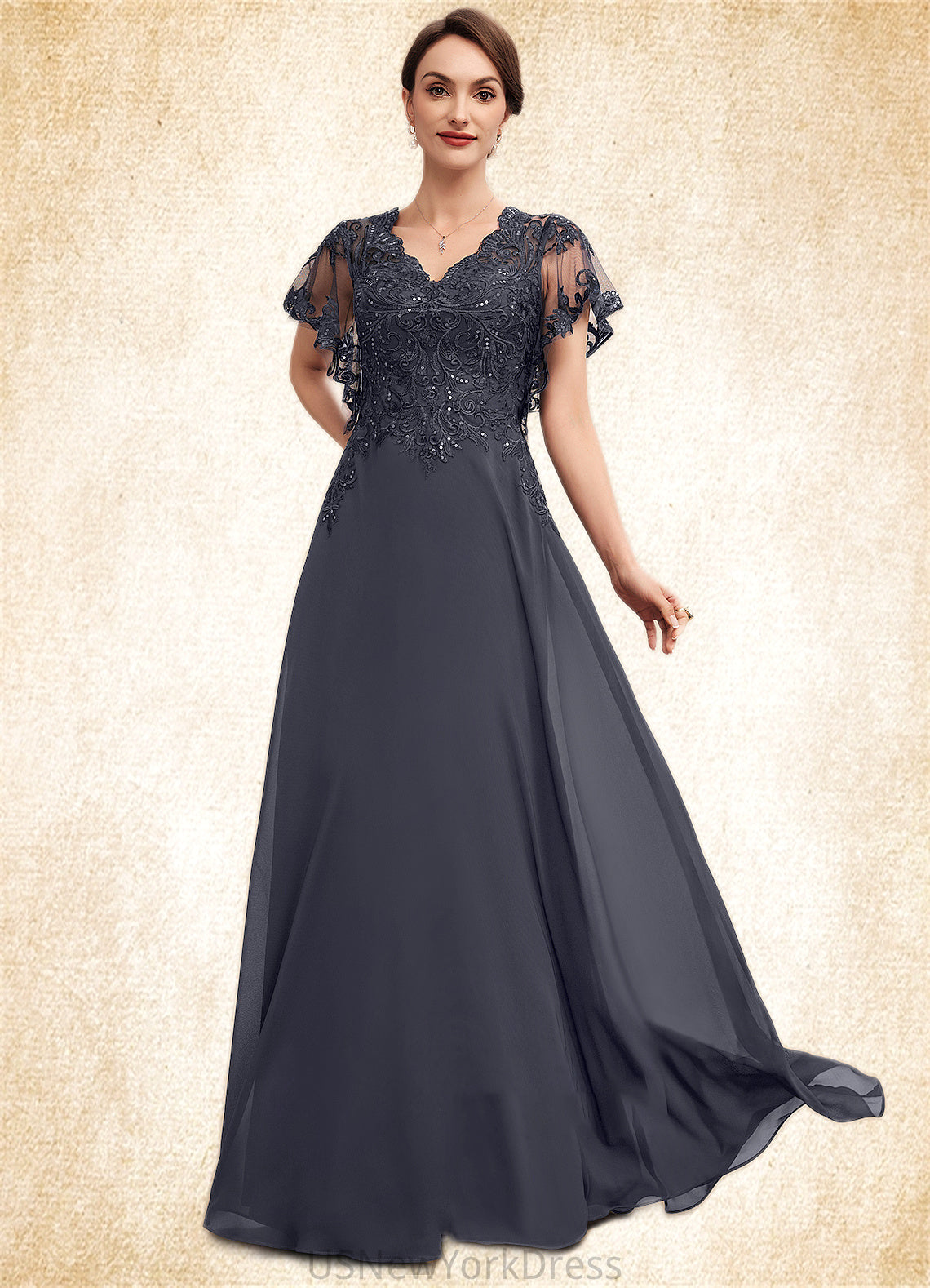 Philippa A-line V-Neck Floor-Length Chiffon Lace Mother of the Bride Dress With Sequins DJ126P0014542