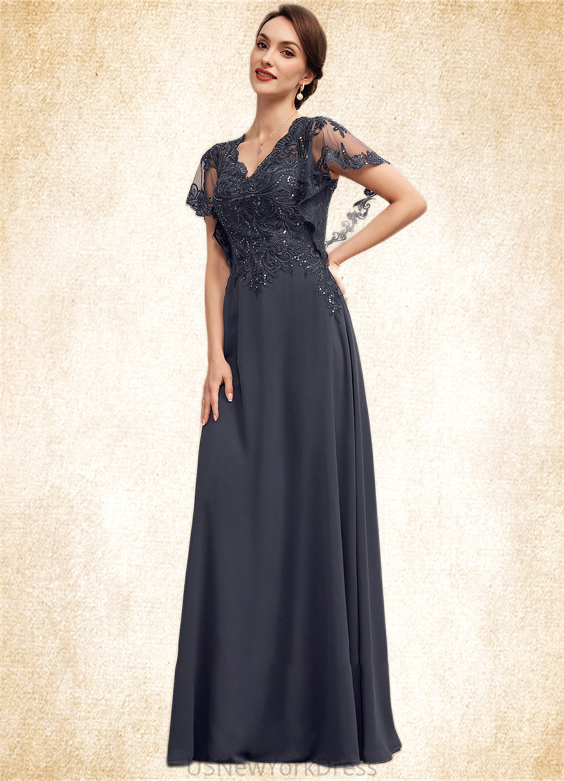 Philippa A-line V-Neck Floor-Length Chiffon Lace Mother of the Bride Dress With Sequins DJ126P0014542