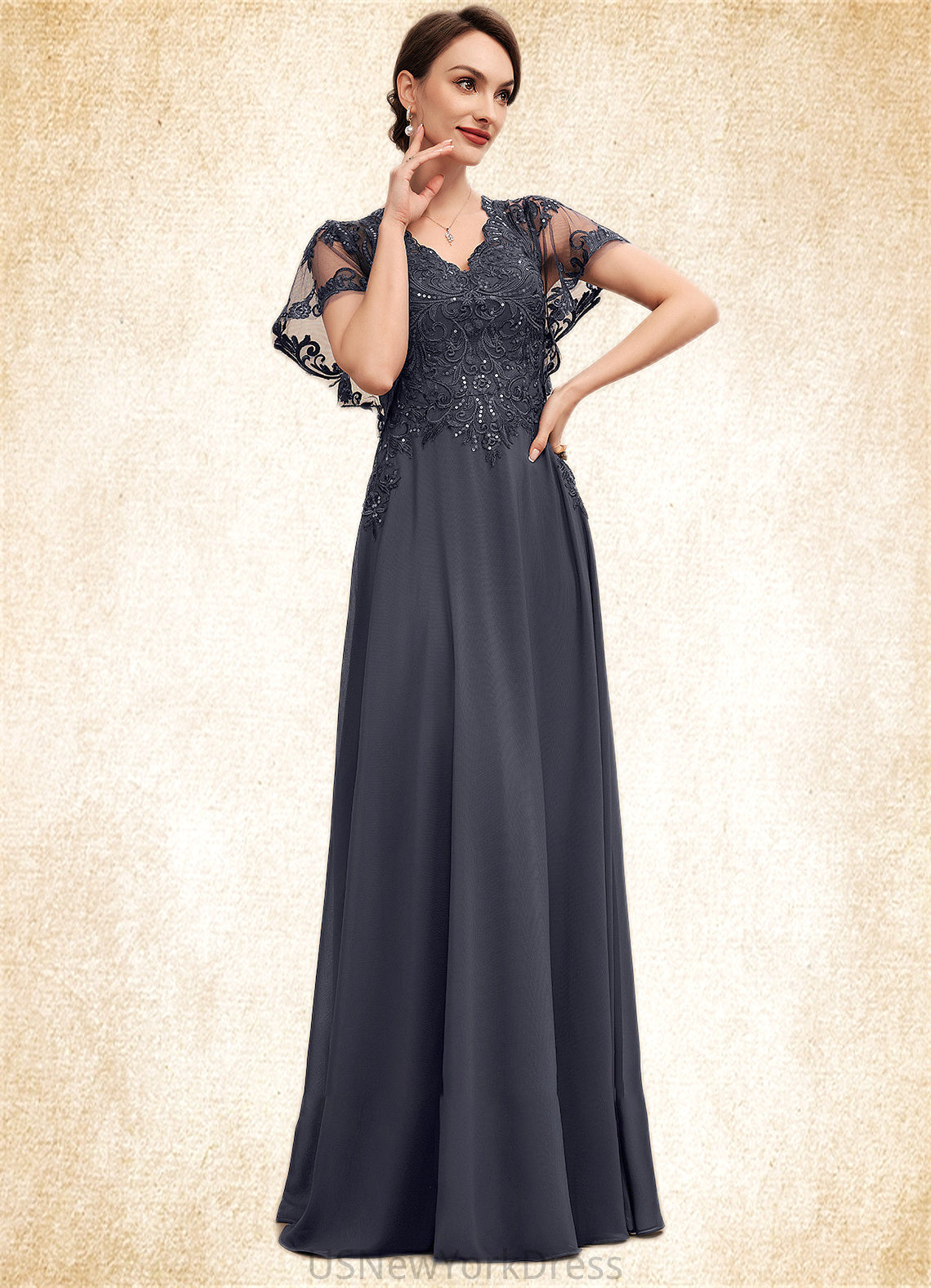 Philippa A-line V-Neck Floor-Length Chiffon Lace Mother of the Bride Dress With Sequins DJ126P0014542