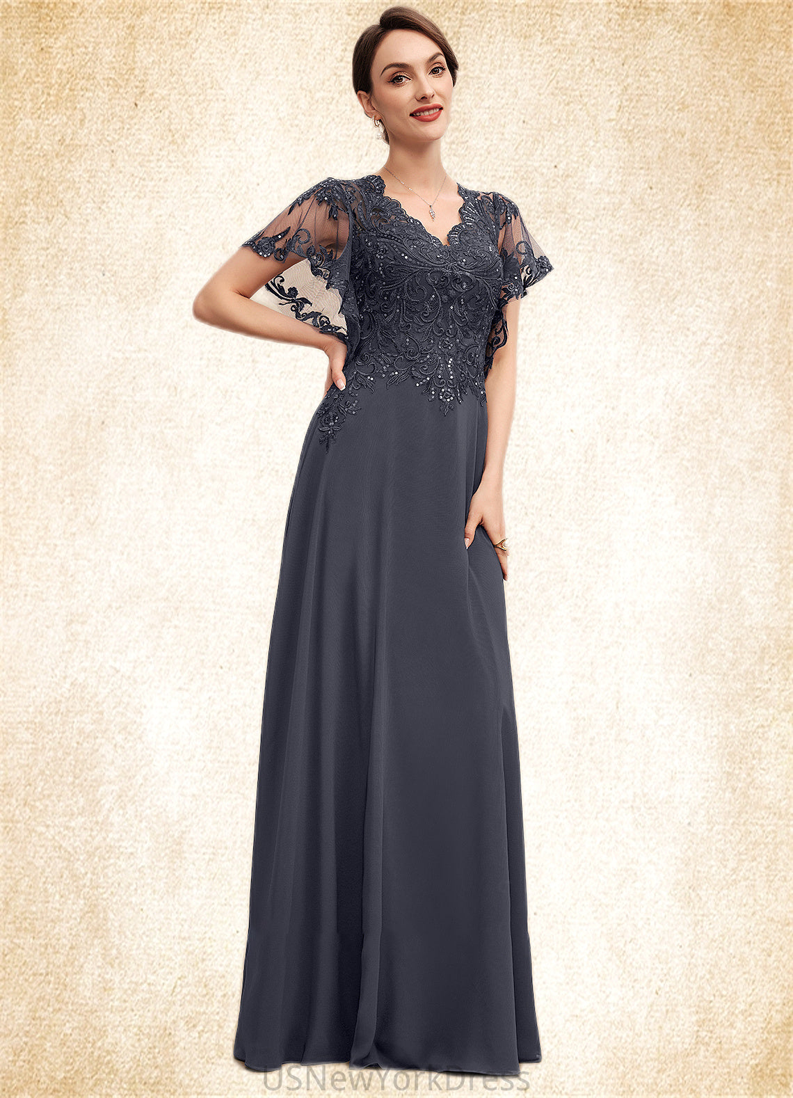 Philippa A-line V-Neck Floor-Length Chiffon Lace Mother of the Bride Dress With Sequins DJ126P0014542