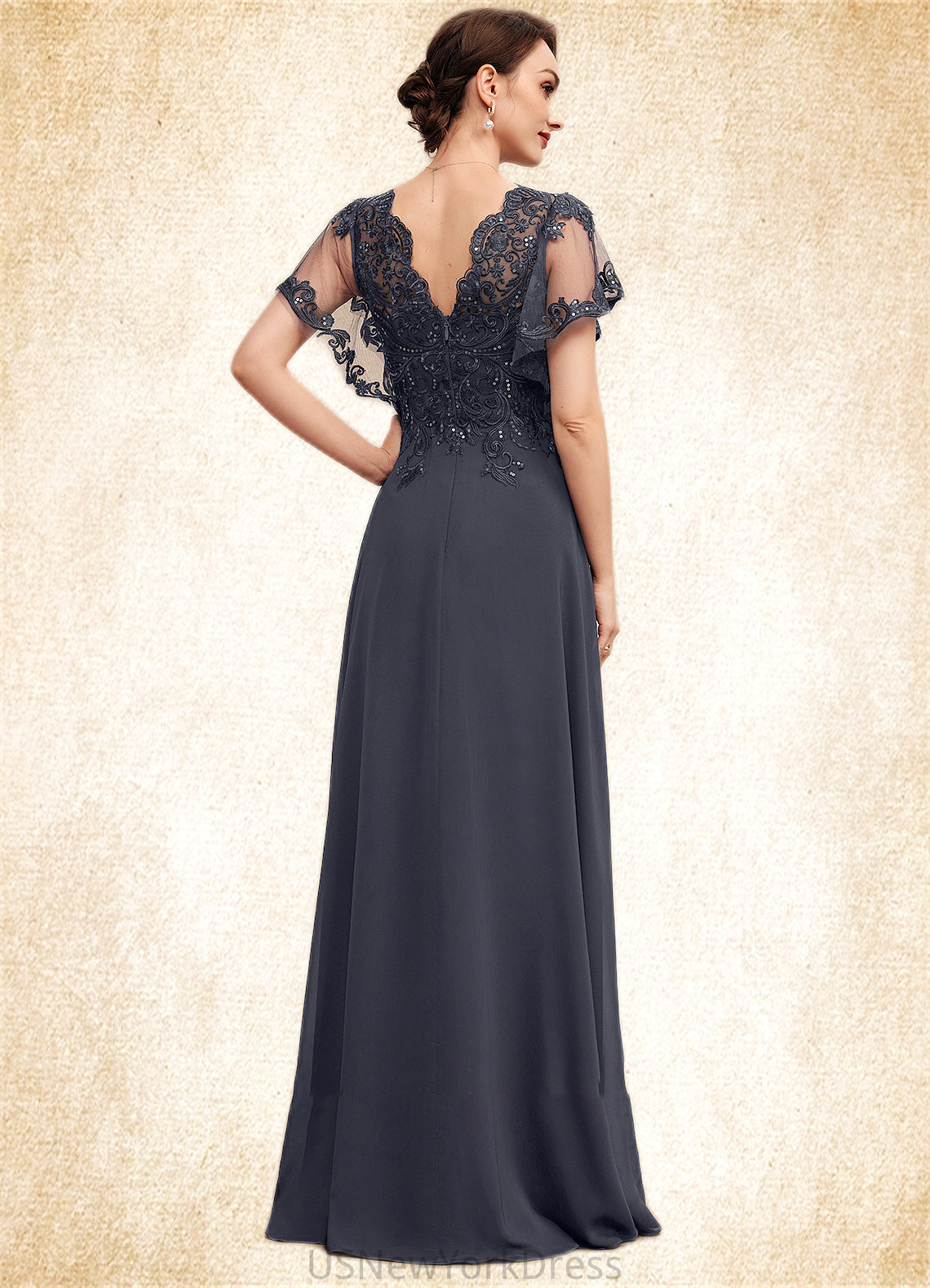 Philippa A-line V-Neck Floor-Length Chiffon Lace Mother of the Bride Dress With Sequins DJ126P0014542