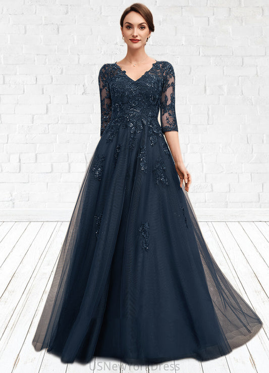 Rosalind A-Line V-neck Floor-Length Tulle Lace Mother of the Bride Dress With Sequins DJ126P0014543