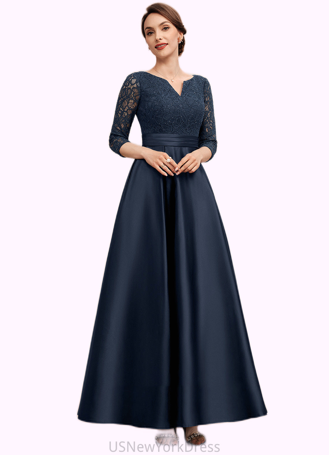 Rosalyn A-Line V-neck Ankle-Length Satin Lace Mother of the Bride Dress With Beading DJ126P0014545