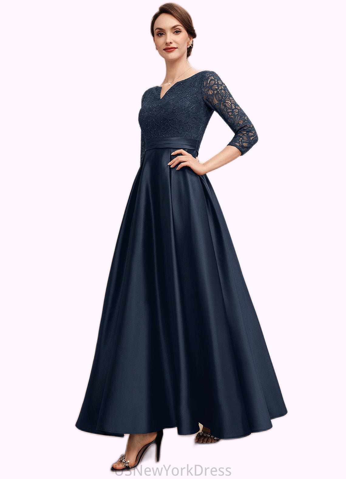 Rosalyn A-Line V-neck Ankle-Length Satin Lace Mother of the Bride Dress With Beading DJ126P0014545